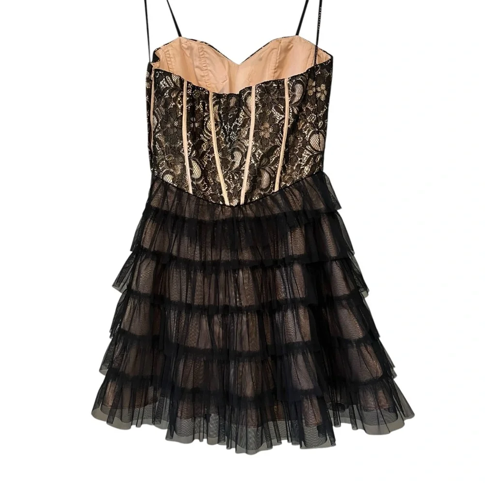 Vintage 90s Masquerade Strapless Black Gold Tiered Tulle Tutu Skirt Dress,Sz 5/6 - Picture 5 of 15